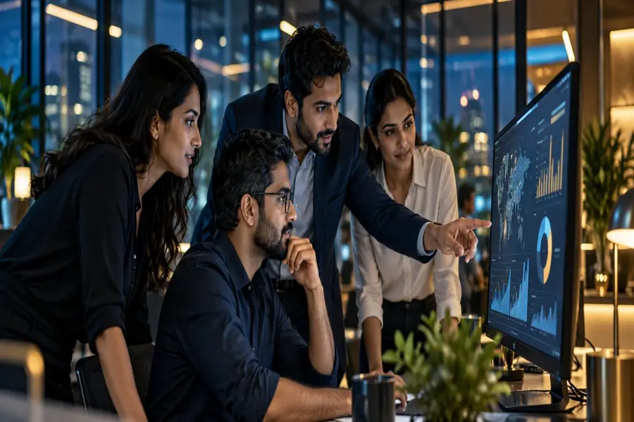 Illustration of technology professionals reviewing a dashboard